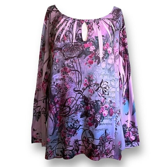 Tattoo Me Womens Top Plus Sz 2X Purple Ombre Floral Sublimation Jeweled USA Made - Picture 1 of 6